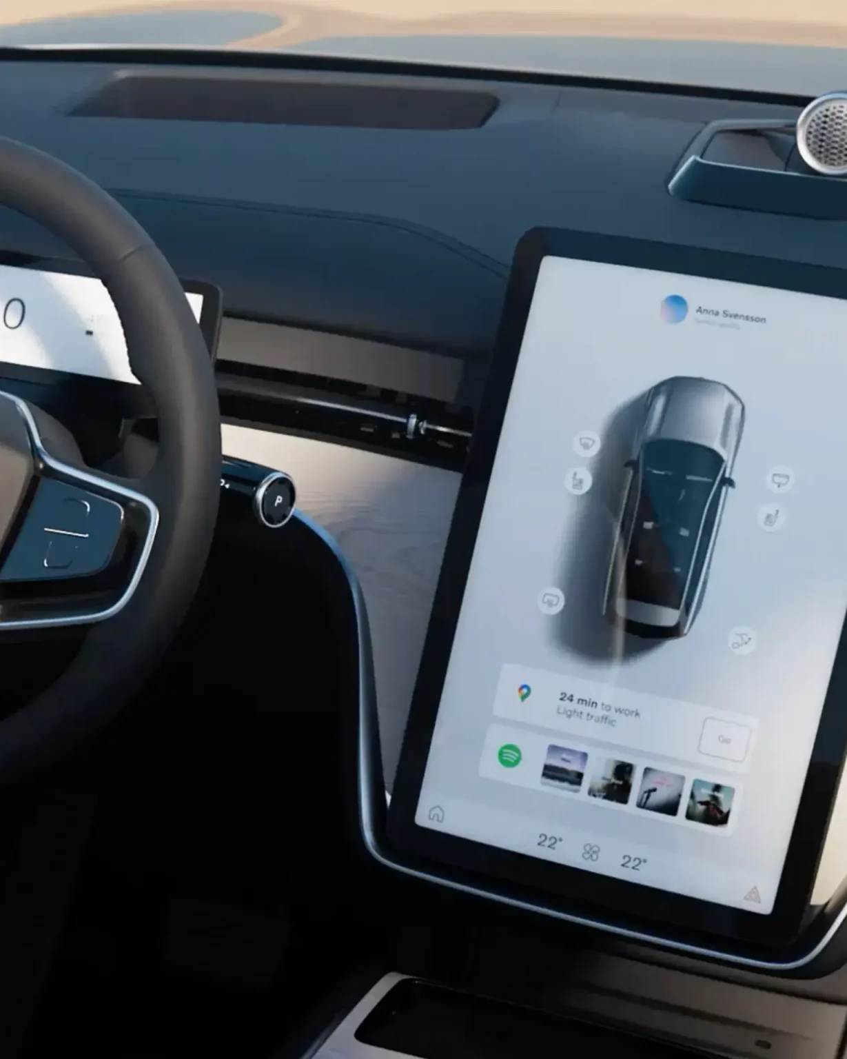 Volvo EX90 cockpit with the steering wheel, driver display and portrait centre screen