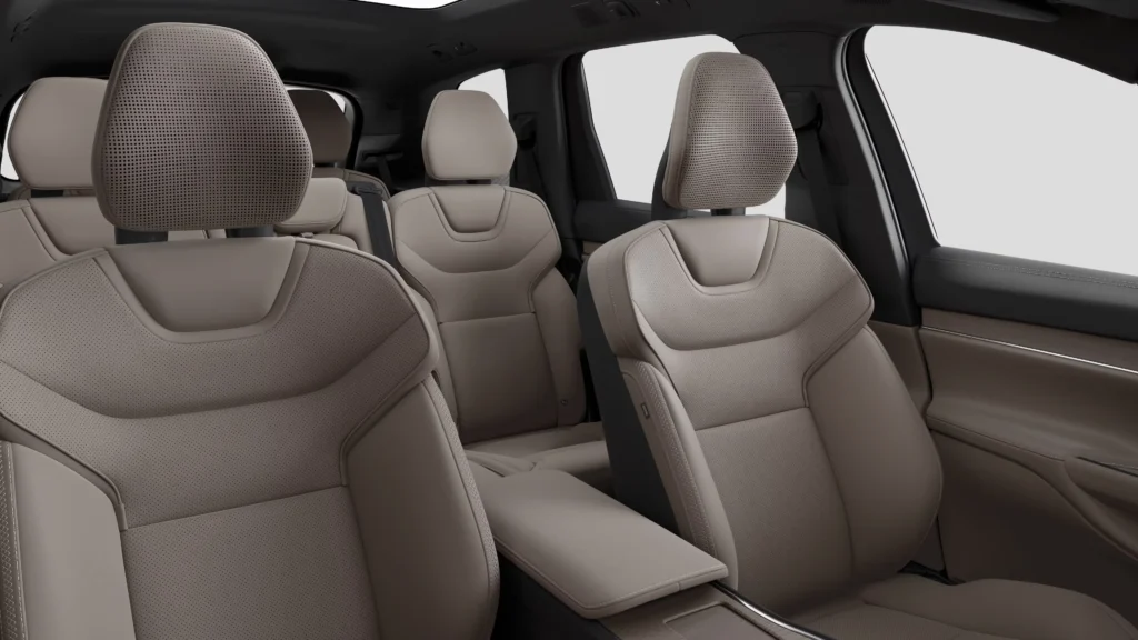 Volvo EX90 cabin with Cardamom seats, seen from behind the front row