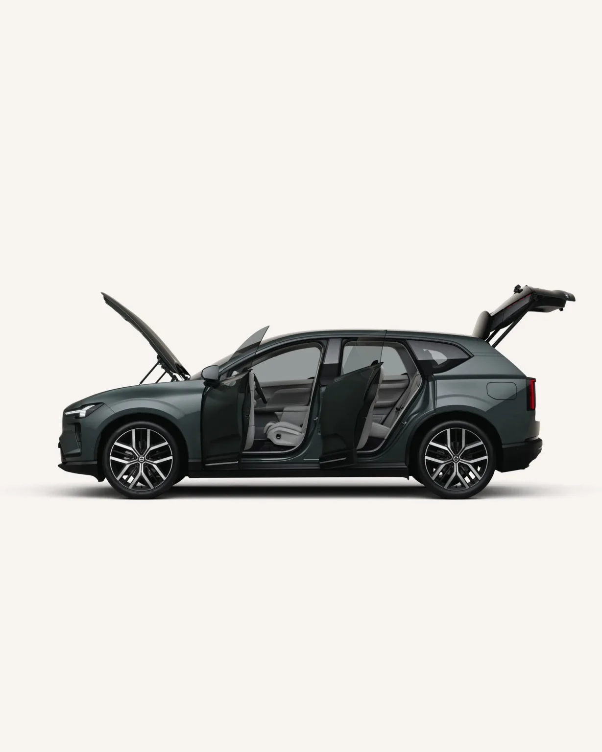 Volvo EX60 in side view with the bonnet, doors and tailgate open