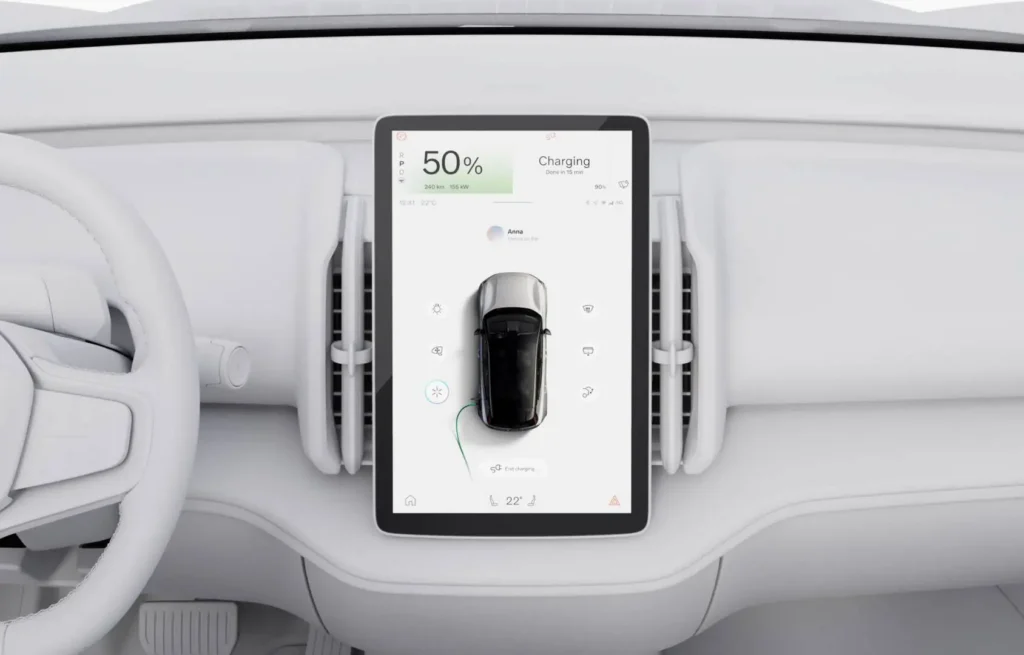The centre screen of a Volvo EX30 showing the car charging at 50 per cent