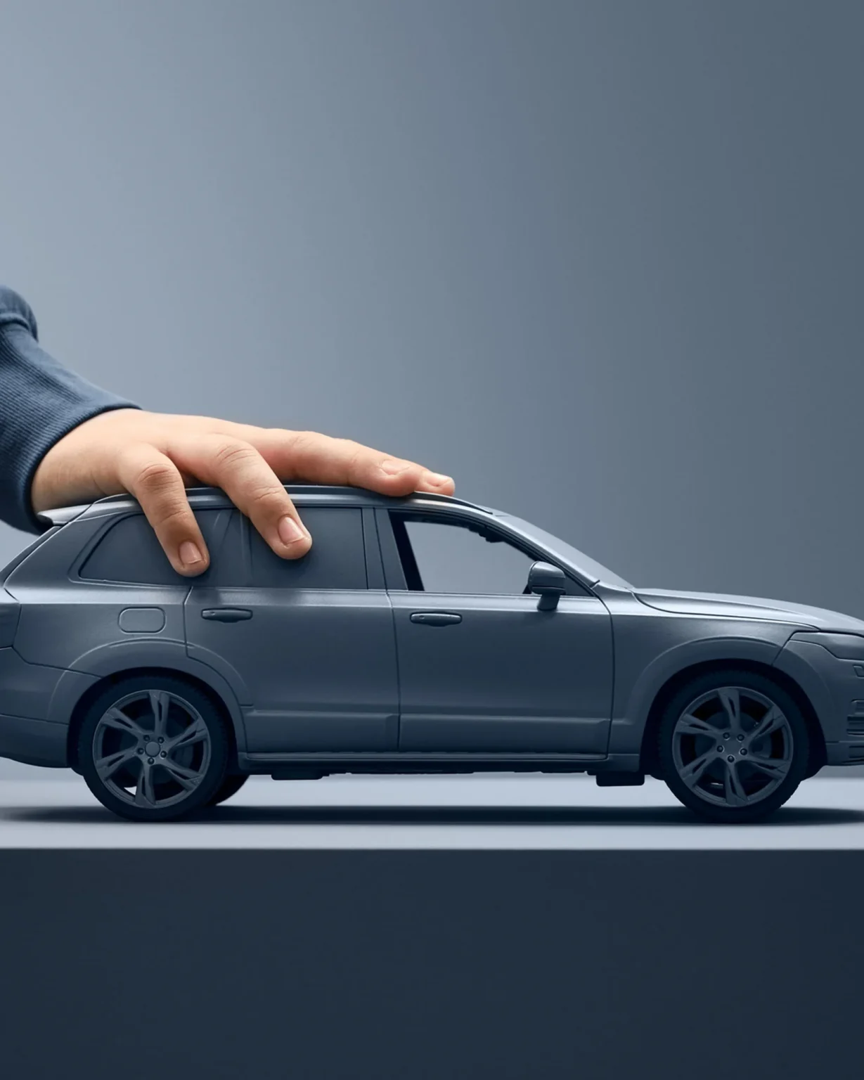 A hand resting on the roof of a grey scale model of a Volvo SUV on a dark plinth