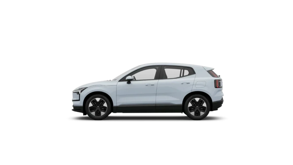 Side view of the Volvo EX30 in pale blue