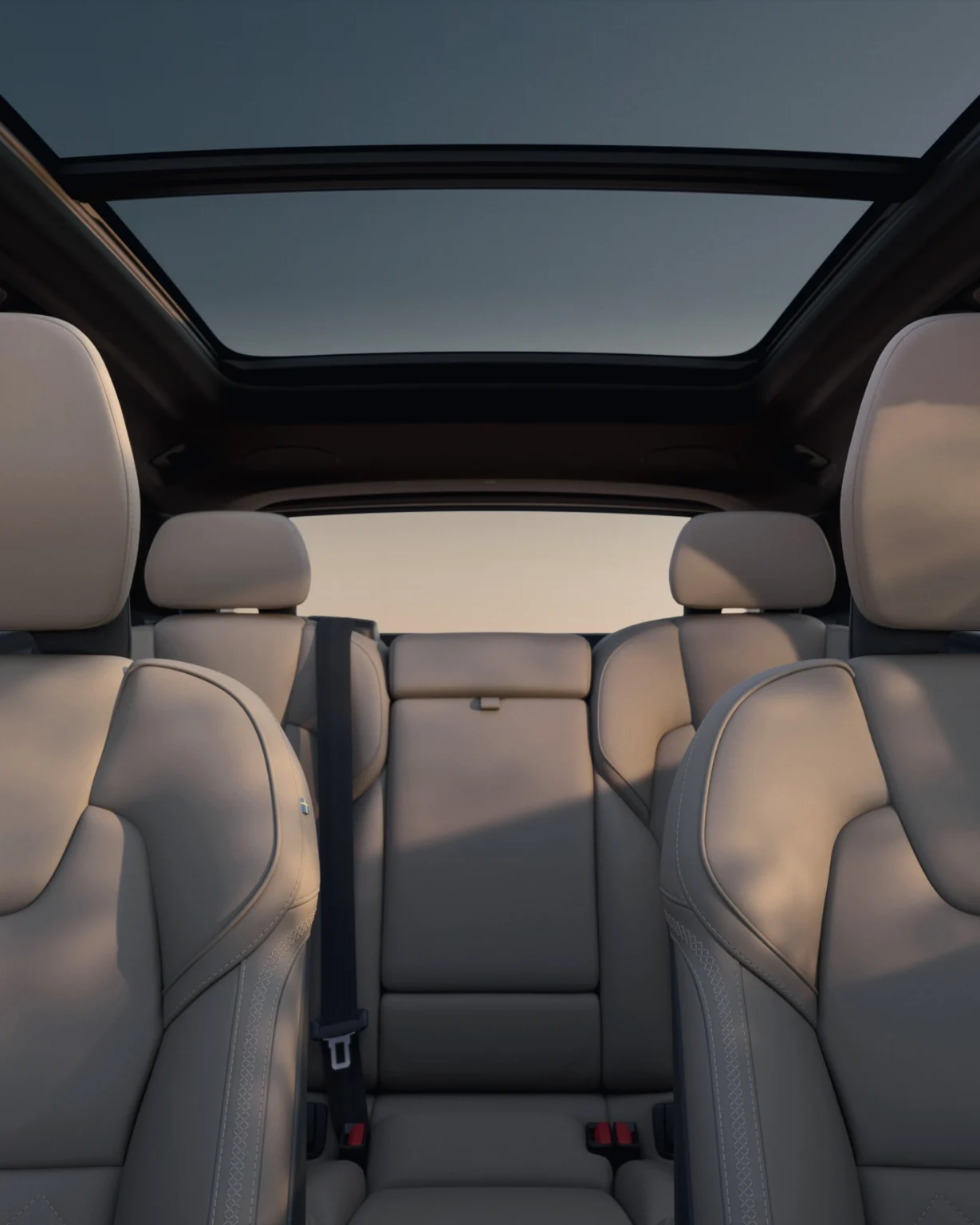Volvo XC60 seats seen from the back of the cabin, under the panoramic glass roof