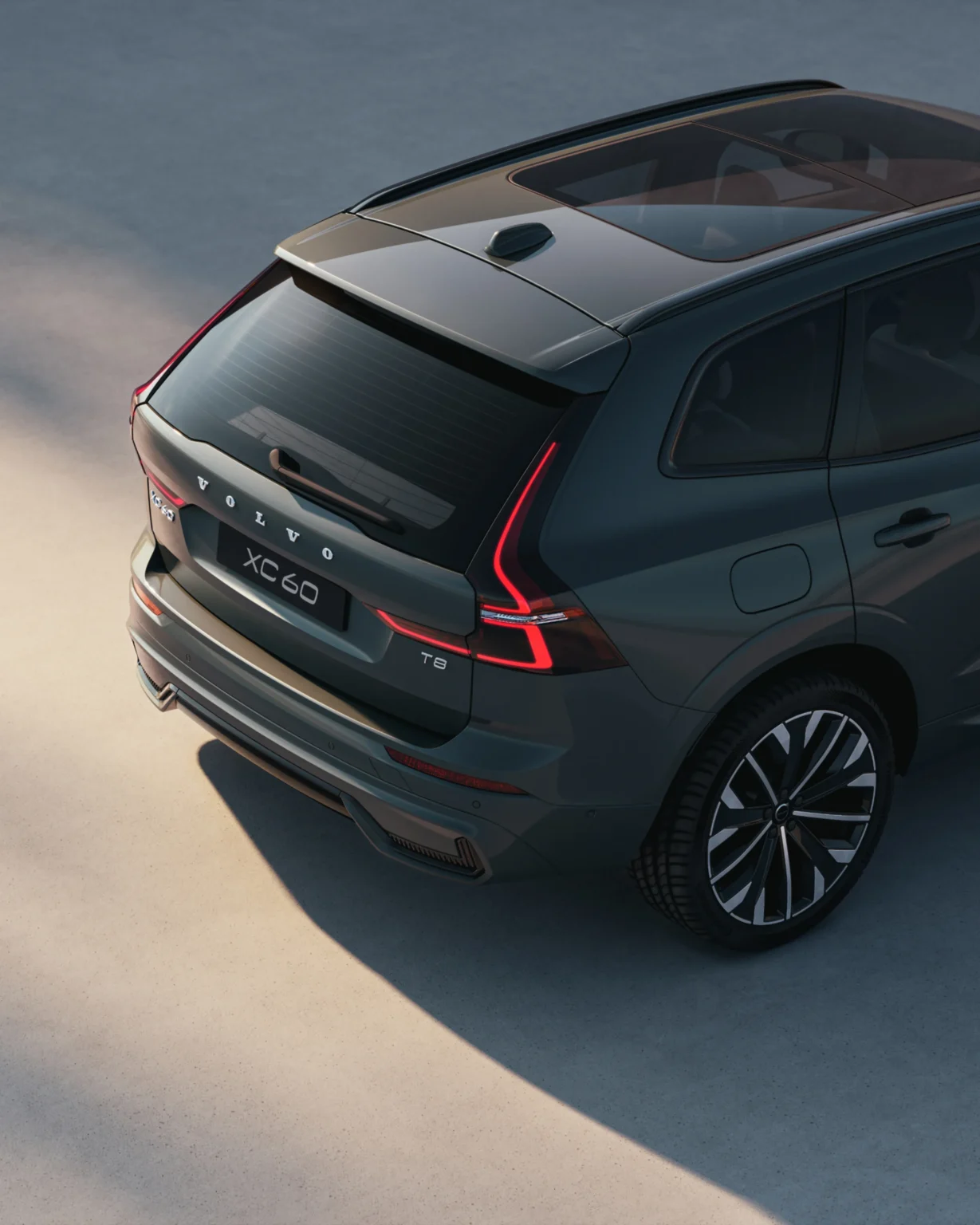 Volvo XC60 from a high rear angle, showing its LED tail lights