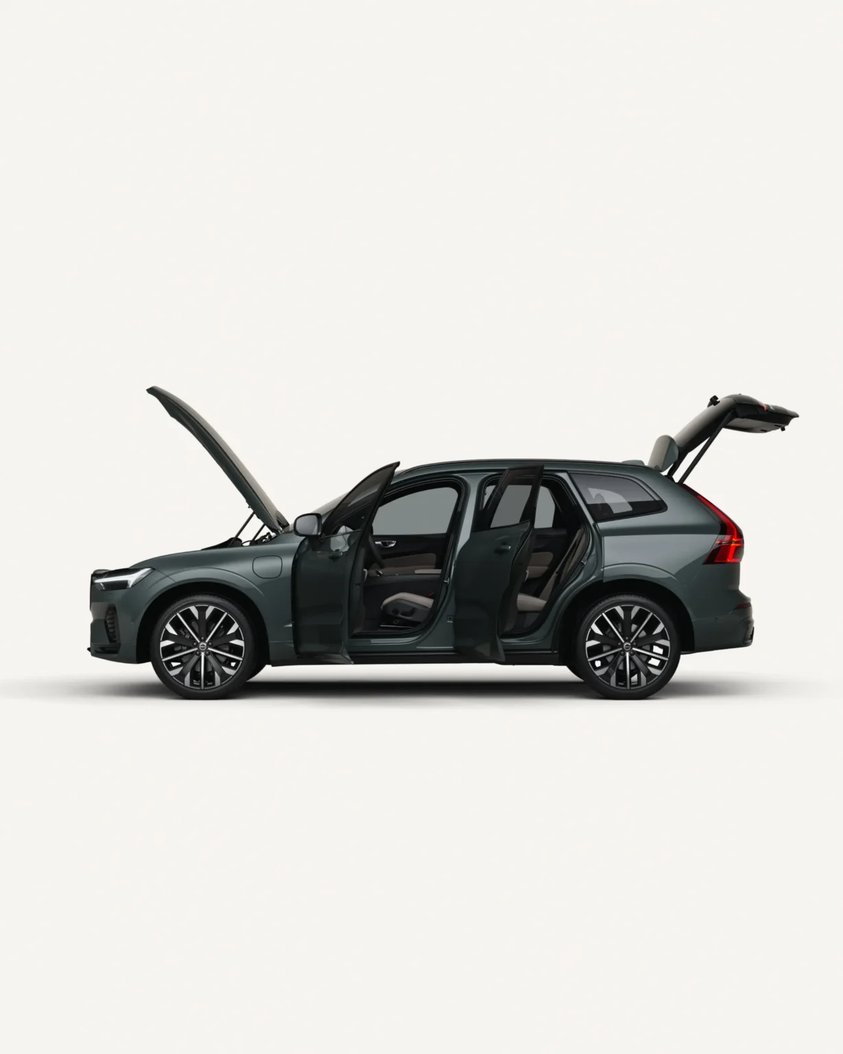 Side view of a Volvo XC60 Plug-in Hybrid with the bonnet, doors and tailgate open