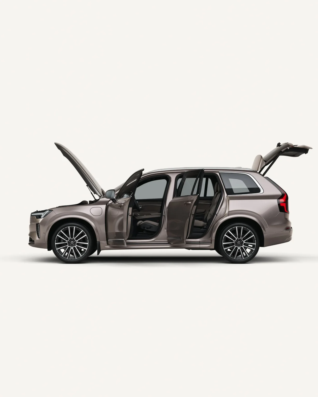 Side view of a Volvo XC90 with the bonnet, doors and tailgate open